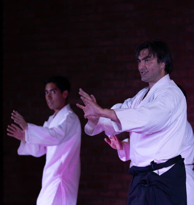 Profesor dicta clase de aikido en auditorio. A su espalda