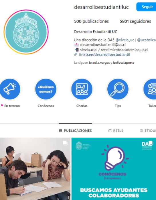 Imagen muestra cómo se ve la cuenta de Instagram de la Dirección de Desarrollo Estudiantil en la aplicación.